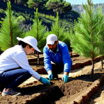 A professional team of agronomists and local volunteers, fully clothed in modest, practical work attire, diligently planting young, healthy saplings of native Turkish tree species such as Anatolian black pine, olive, and cedar. The scene shows careful attention to detail in a well-prepared, nutrient-rich soil bed within a Mediterranean landscape. Sunlight bathes the area, highlighting the hope and effort invested in sustainable reforestation. safe for work, appropriate content, fully clothed, professional, family-friendly, perfect anatomy, correct proportions, natural pose, well-formed hands, proper finger count, natural body proportions, professional photography, high quality.