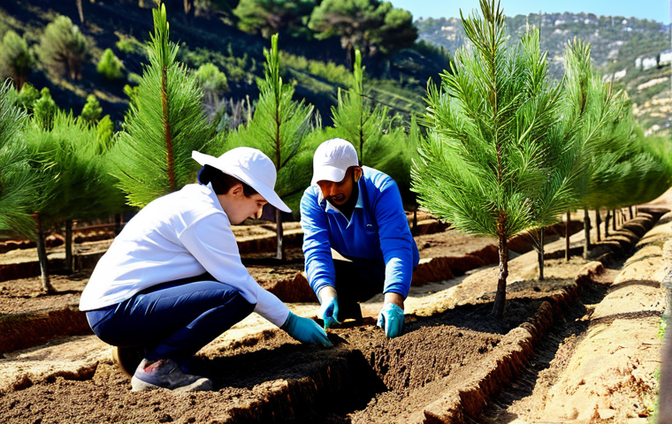 A professional team of agronomists and local volunteers, fully clothed in modest, practical work attire, diligently planting young, healthy saplings of native Turkish tree species such as Anatolian black pine, olive, and cedar. The scene shows careful attention to detail in a well-prepared, nutrient-rich soil bed within a Mediterranean landscape. Sunlight bathes the area, highlighting the hope and effort invested in sustainable reforestation. safe for work, appropriate content, fully clothed, professional, family-friendly, perfect anatomy, correct proportions, natural pose, well-formed hands, proper finger count, natural body proportions, professional photography, high quality.